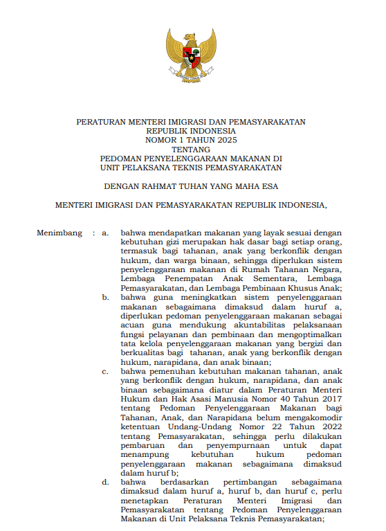 Peraturan Menteri Imigrasi dan Pemasyarakatan Nomor 1 Tahun 2025 tentang Pedoman Penyelenggaraan Makanan di Unit Pelaksana Teknis Pemasyarakatan
